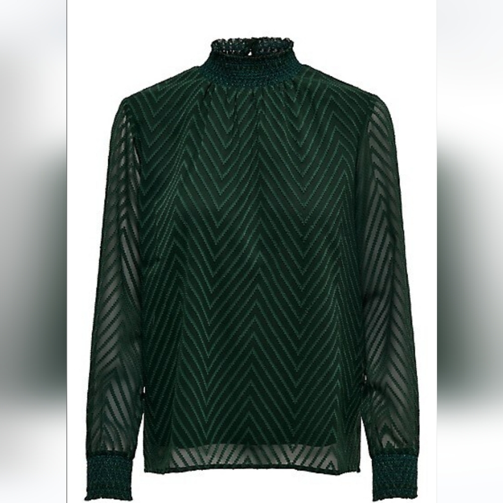 Emerald Green Chevron Blouse with Sheer Sleeves - S/4/36